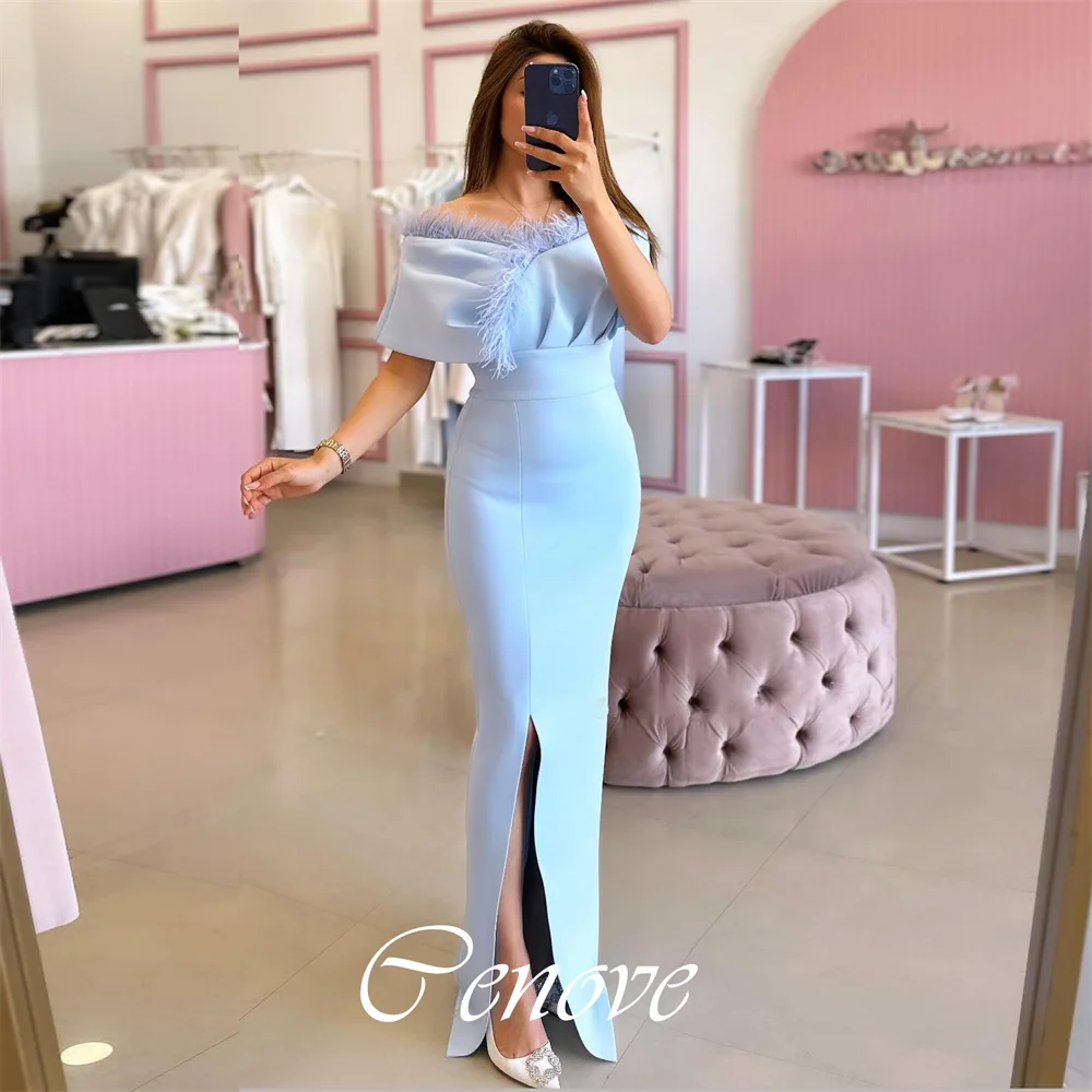 Cenove 2024 Arab Dubai Short Sleeves Prom Dress Floor-Length With Feathers  Evening Fashion Elegant Party Dress For Girl