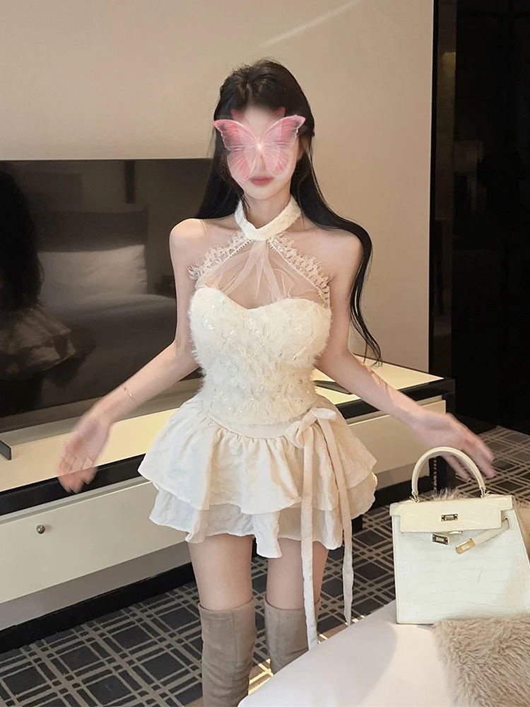 REDDACHiC – ensemble haut et jupe en fourrure à paillettes, ensemble assorti, dentelle creuse, col licou, gilet sans manches, nœud, Mini jupe gâteau, vêtements mignons Lolita pour femmes