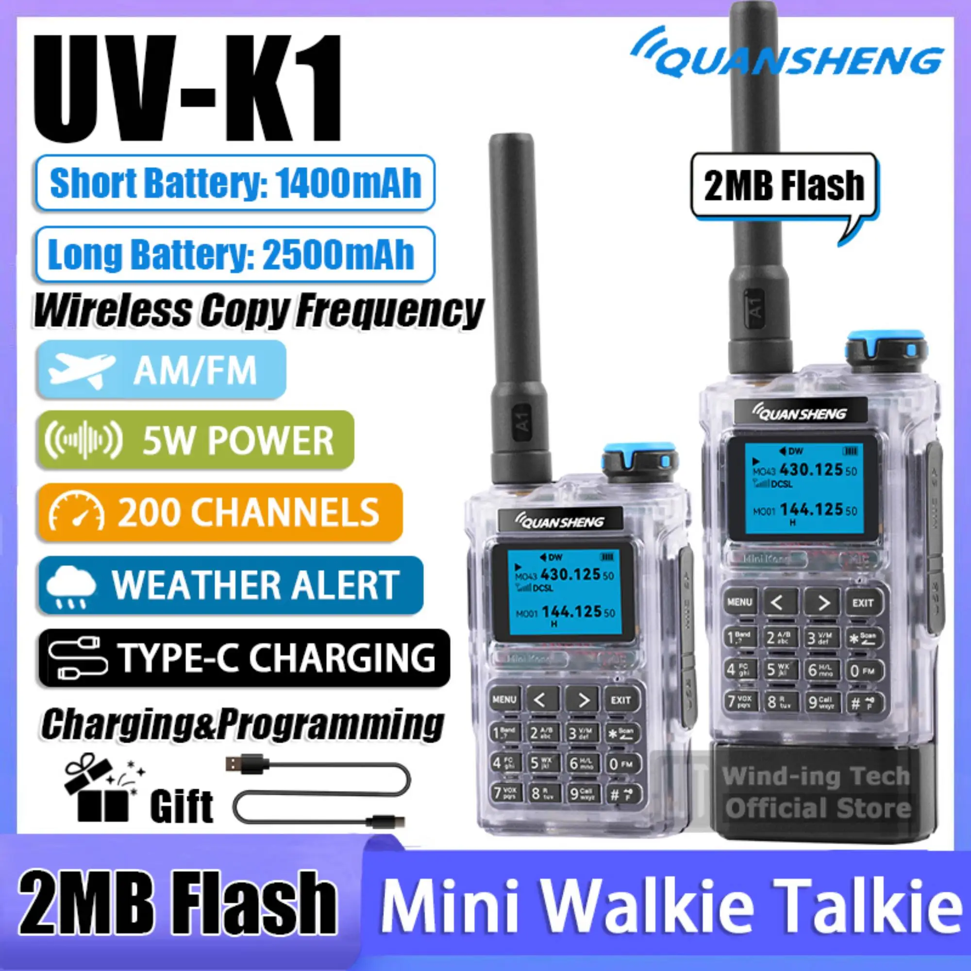 QUANSHENG UV-K1 Portable Walkie Talkie 2MB Flash AM/FM 5W Transparent 200CH Frequency Fast Copy NOAA  Type-C Charging Ham Radio