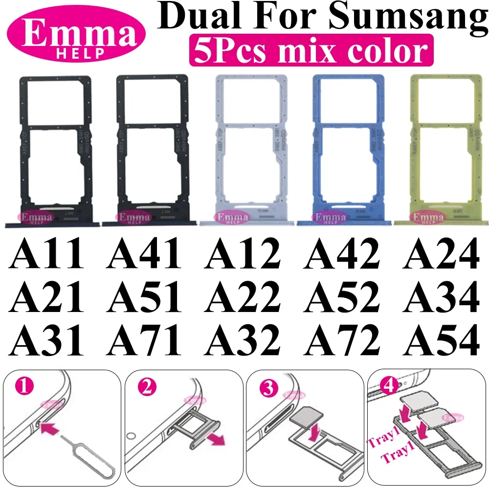 5ชิ้นที่ใส่ซิมชิปโทรศัพท์ช่องเสียบการ์ดอะแดปเตอร์ลิ้นชักช่องใส่ซิมการ์ดสำหรับซัมซุง A11 A21 A31 A41 A51 A12 A22 A32 A42 A72 A52