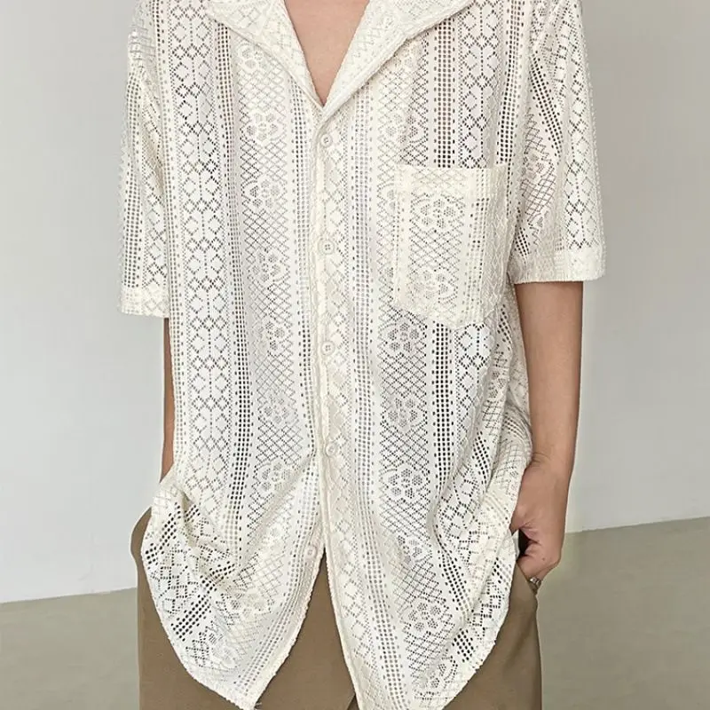 Retro Hollow out Cuban Collar Short Sleeve Men's Shirt Summer Loose Casual Thin Breathable Fashionable City Style Urban Wear