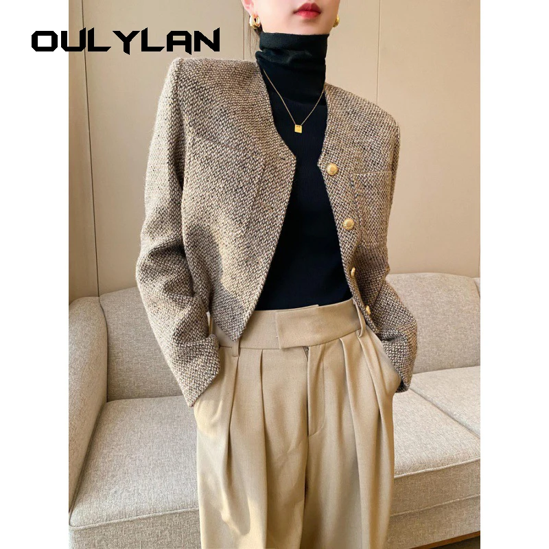 Women Elegant Coat Korean Single Breasted Jacket O Neck Retro Office Lady Simple Casual Luxury Design Suit Long Sleeve Top