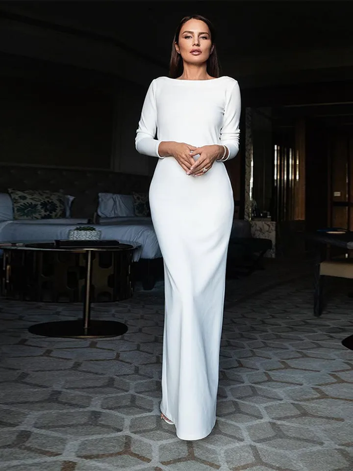 white long sleeve fishtail dress Sexy Backless Trumpet Sleeve Fishtail Maxi Dress  Likemychoice