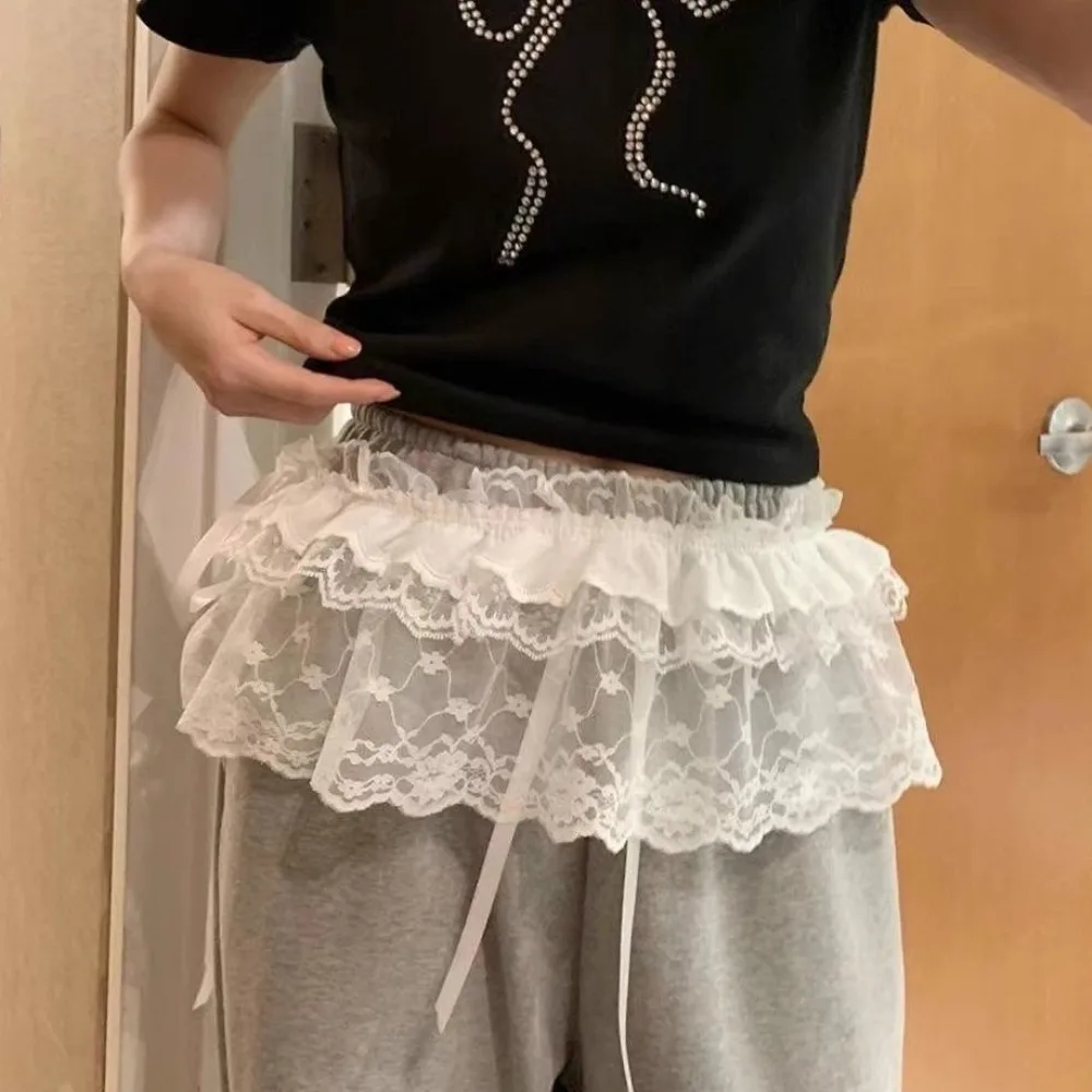 Rok Mini Renda Y2k Fashion Rok Kasa Lolita Pendek Rok Tepi Ruffle Bertali Pinggang Tinggi Wanita