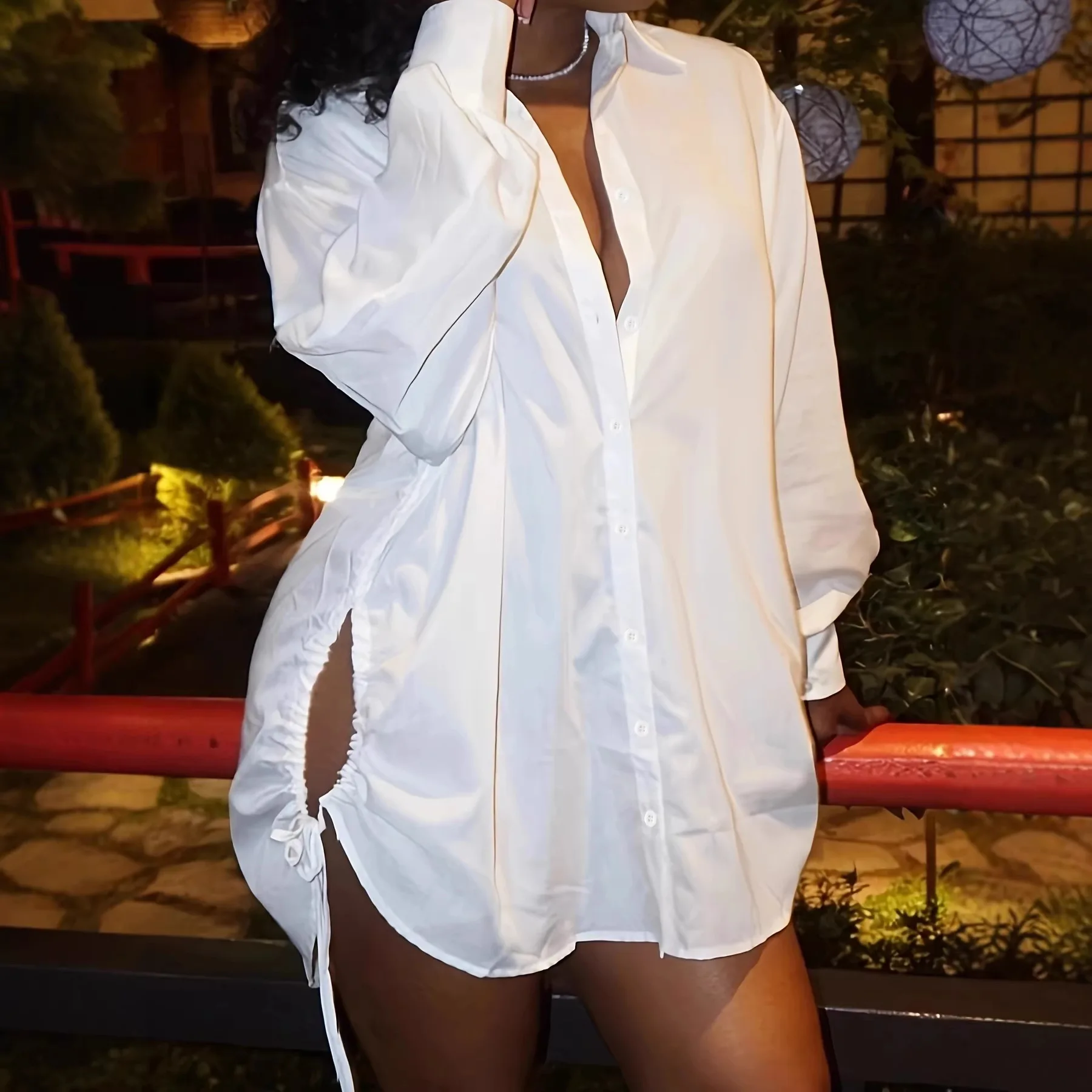 Camisa blanca y negra sexy para mujer con cordón en ambos lados, blusa holgada de manga larga para mujer, Blusa Blanca Mujer Рубашка