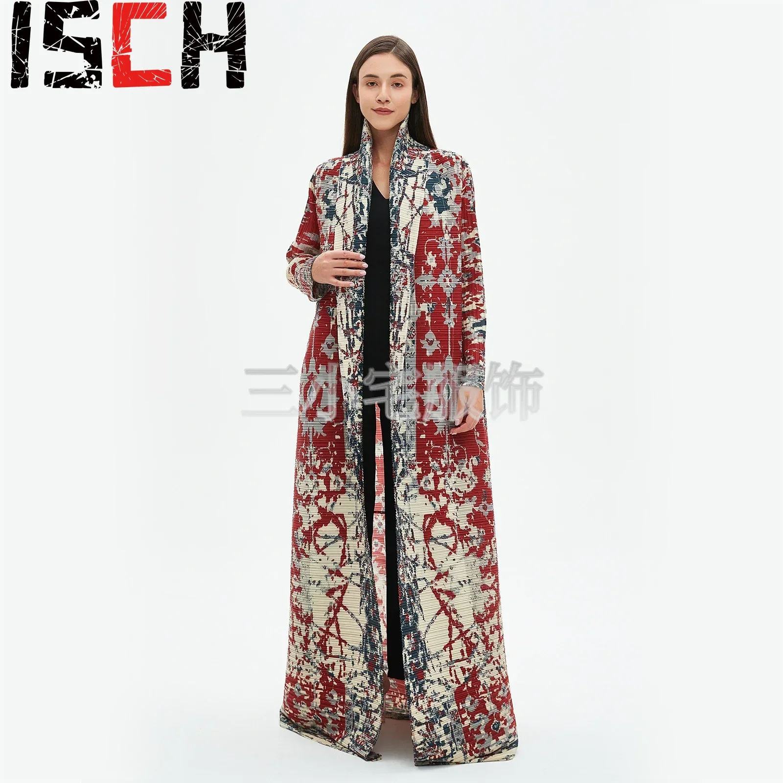 Pleats Robe Long Sleeve Printed Dress Windbreak Women 2024 Winter New Original Designer Abayas Turndown Collar Belted Coats