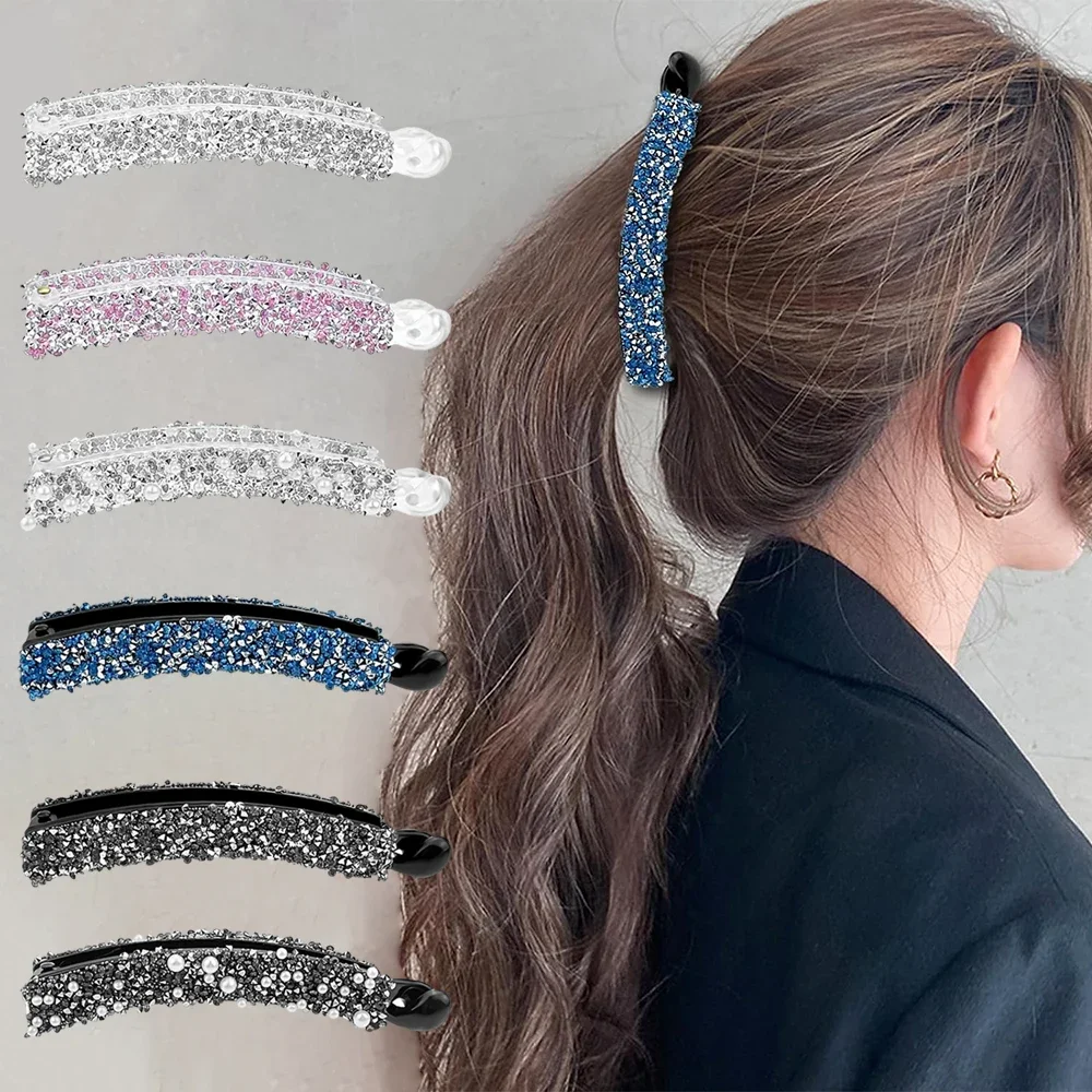 Sparkly Crystal Rhinestone Covered Banana Hair Clip for Women  Non-slip Hairpin Ponytail Holder Grips Clamp Hair Accessories