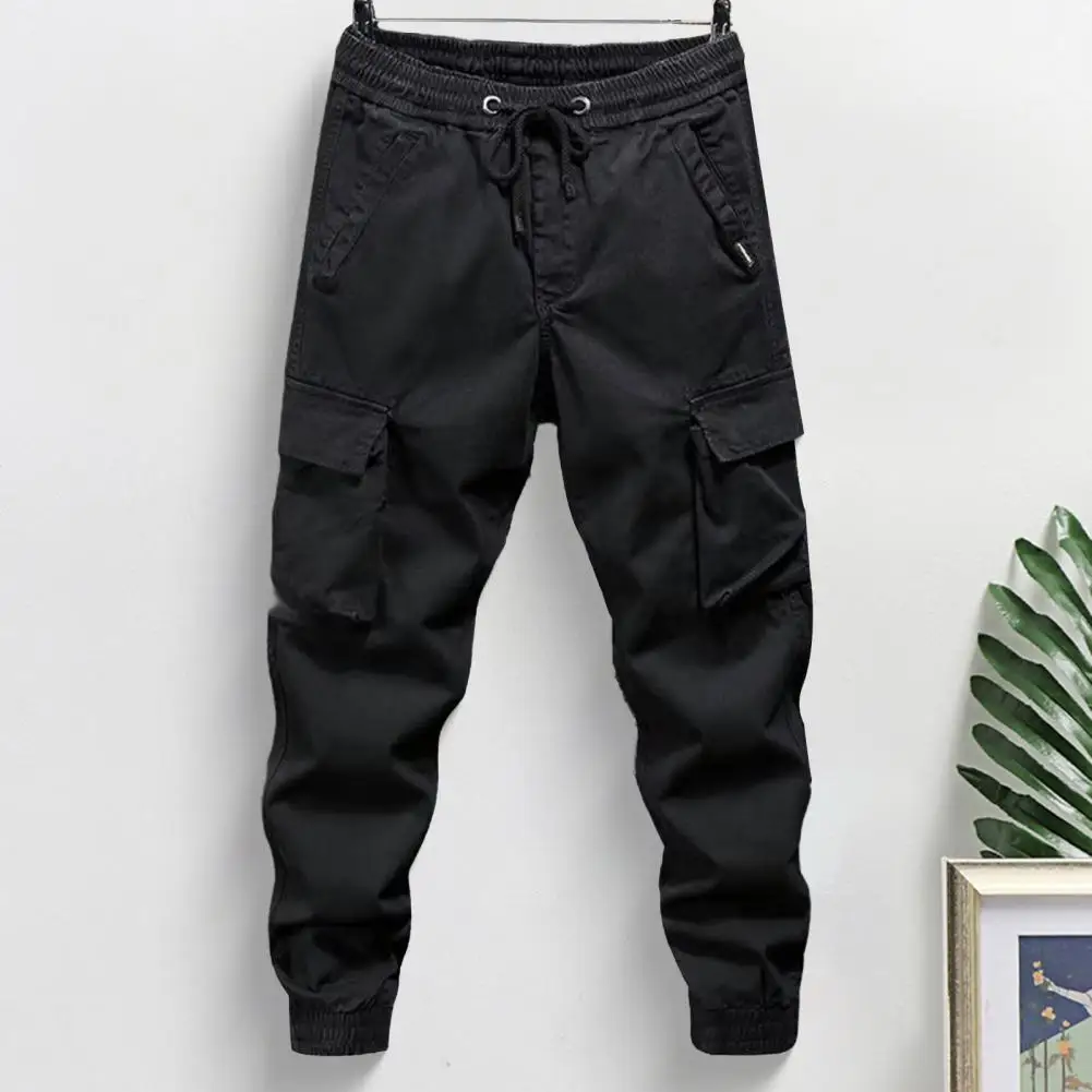 Men's New Cargo Pants With Multi-pocket Elastic Waist And Ankle Strap Loose Solid Color Outdoor Pants Camping Hiking Trip