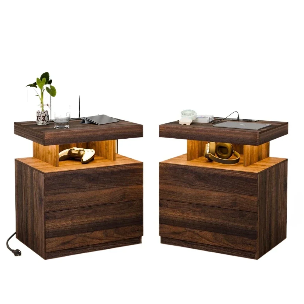 

%Набор из 2 светодиодных тумбочек с беспроводной зарядной станцией Темный орех Деревянная прикроватная тумбочка середины века Тумбочка USB-порт Night T