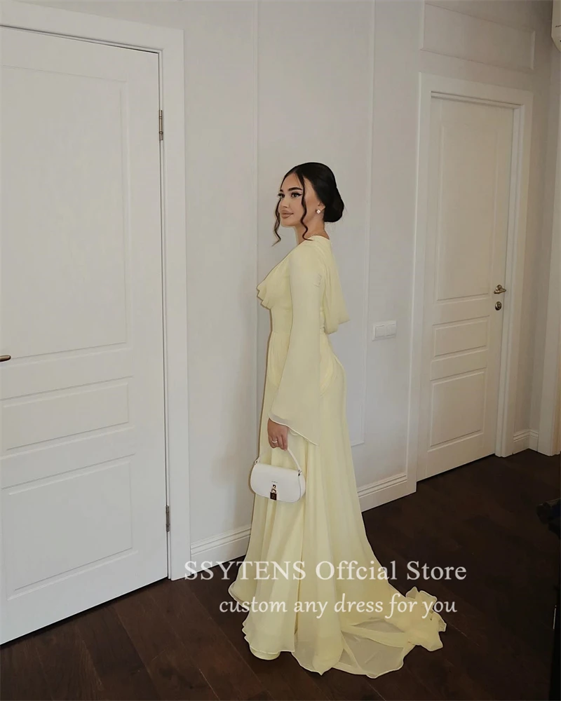 Ssytens Baby Gele Avondjurken Chiffon Zeemeermin Galajurken Dubai Prom Jurk Lange Mouwen Saudi Arabric Gelegenheid Feestjurk