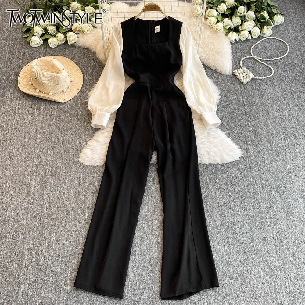 

TWOTINSTYLE Hit Color Casual Jumpsuits For Women Square Collar Long Sleeve High Street Temperament Jumpsuit Fashion KJU523809