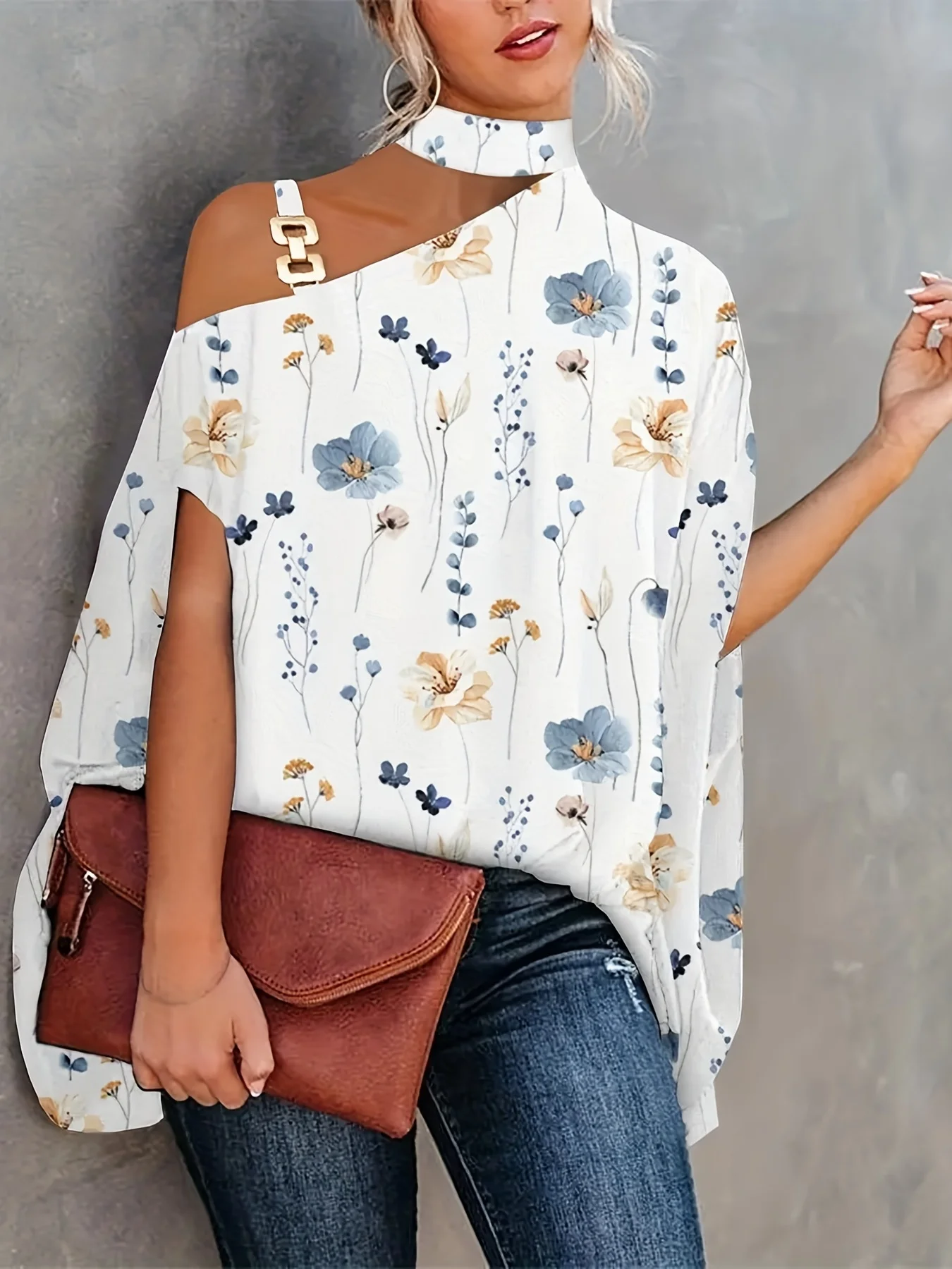 Plus Size Sexy Halter Loose Blouse Tops Women's Elegant Print Off Shoulder Batwing Sleeve Pullover Shirt 2023 Summer Fashion Str