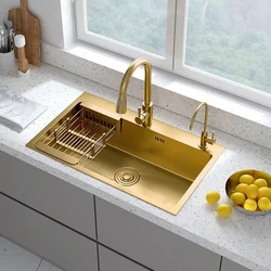 Fregadero de cocina dorado de acero inoxidable 304, escurridor de cesta de oro, dispensador de jabón, lavabo de lavado, sobre o bajo encimera montaje