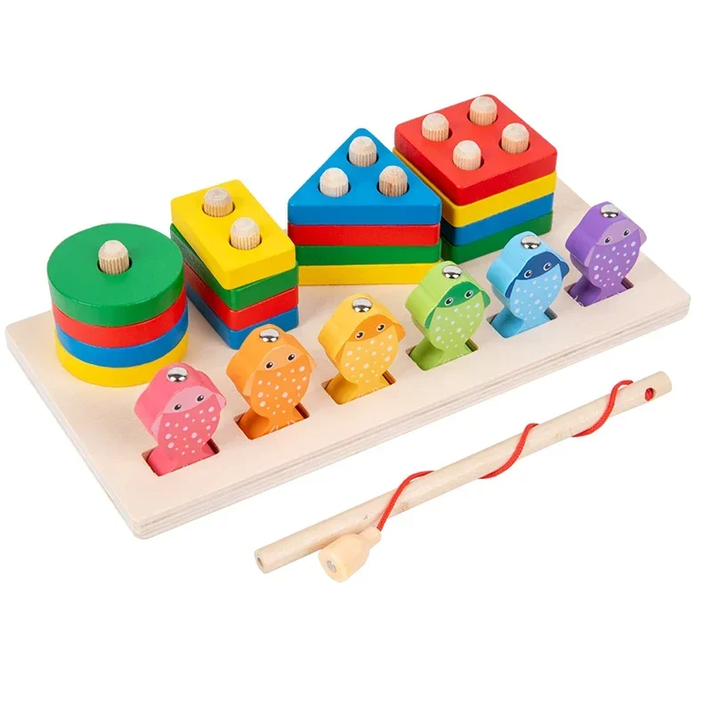 2 in 1 Montessori Kids Puzzle and Fishing Game Baby Developmental Toys Shape Sorting Wooden Educational Toys for Children Gift