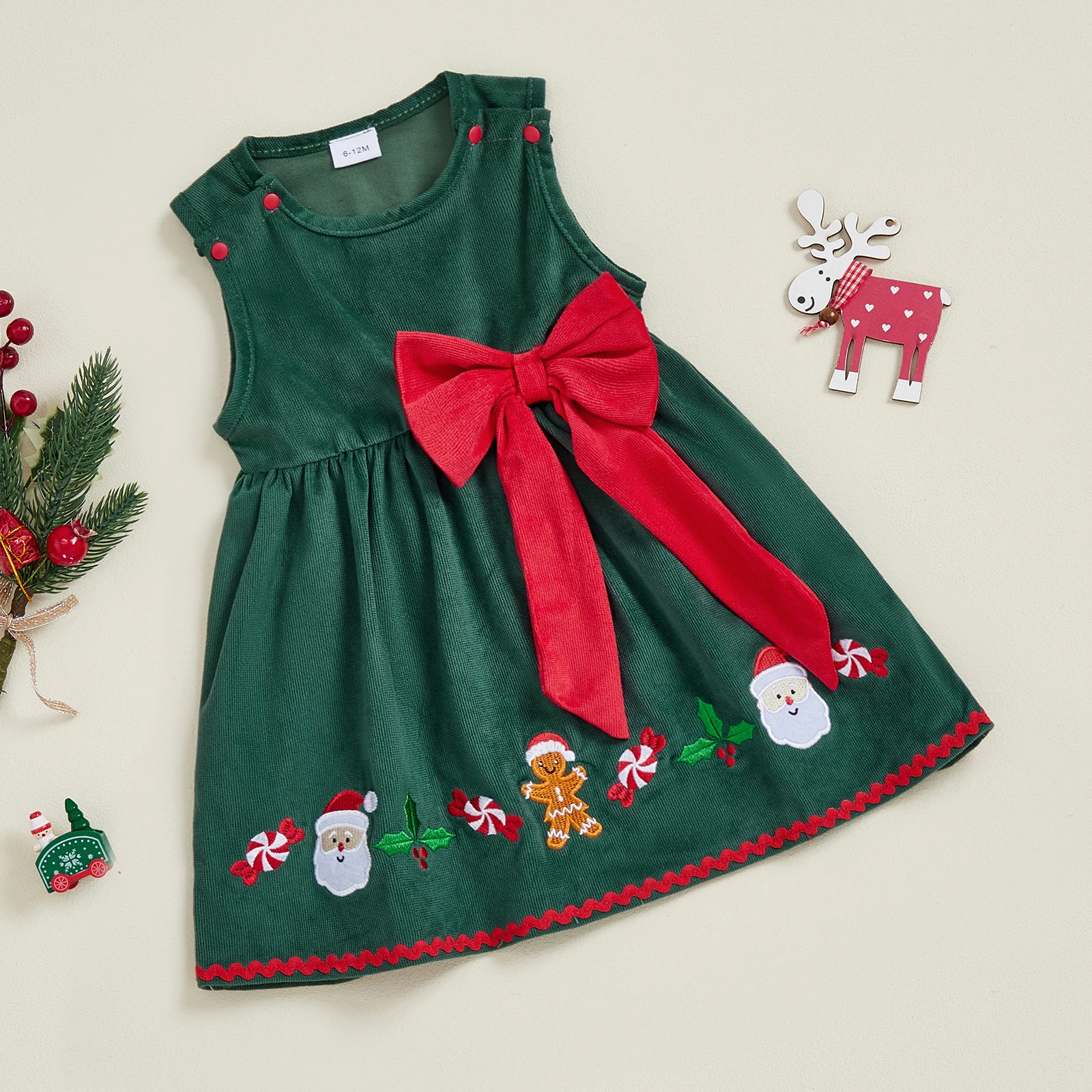 FOCUSNORM 0-4Y جميل الاطفال الفتيات عيد الميلاد سروال قصير فستان سانتا كلوز التطريز القوس ديكور الجولة الرقبة بلا أكمام ألف خط فستان #3