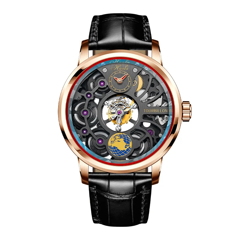 Haofa Skeleton Tourbillon Man Hollow Rotating Earth 316 Stainless Steel Alligator leathe Four-spring drive 120 Hours Power 1938