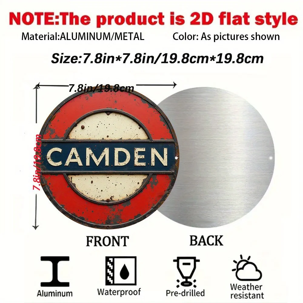 2D Flat, Vintage Camden Tube Sign - 19.81 cm Round Aluminum Metal Wall Art, Waterproof & Dustproof Urban Decor for Office, Trave