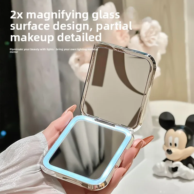 Espelho de maquiagem led dobrável 5x ampliação equipado espelho pequeno bolso portátil viagem espelhos cosméticos com cabo tipo-c