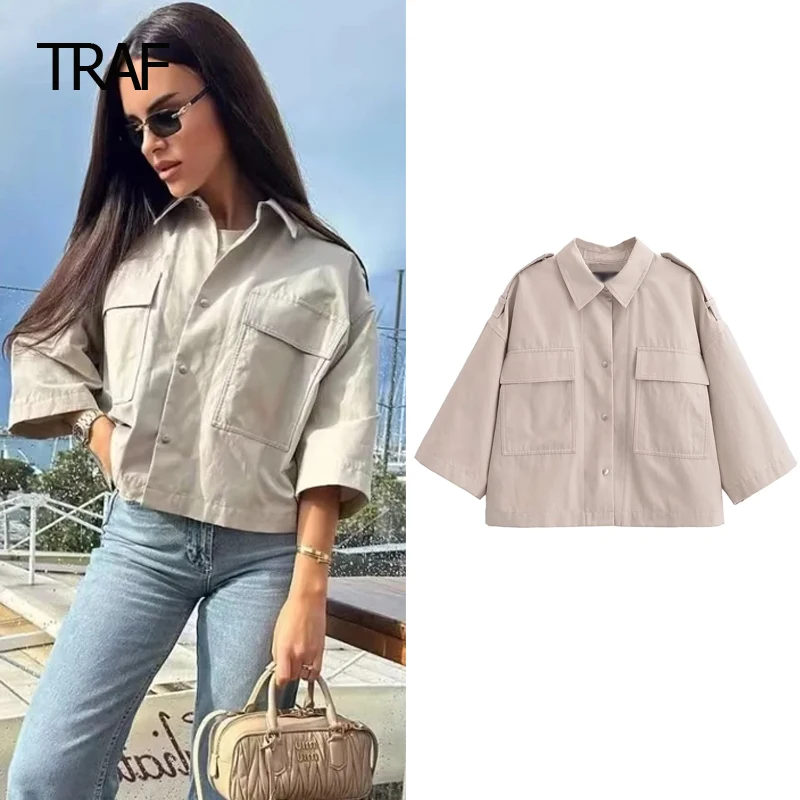 TRAF Lapel Collar Short Sleeves Top Women's Trench Coat Spring Summer 2024 Cropped Coats Chic And Elegant Female Windbreaker