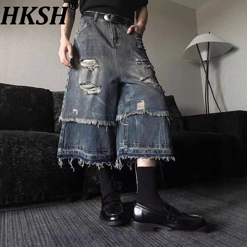 

HKSH летние новые мужские двухслойные джинсовые шорты Tide Waste Land Punk, модные капри с рваными отверстиями и потертыми краями HK13011