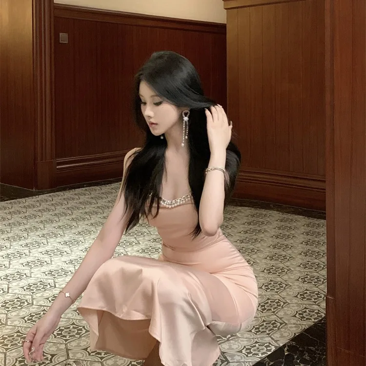 Sukienka Ele Heavy-Detail Drill Chain Strap Slimming Bodycon Fi Tail Dr Summer Trendy Mid-Length A-Line Gown bez ramiączek