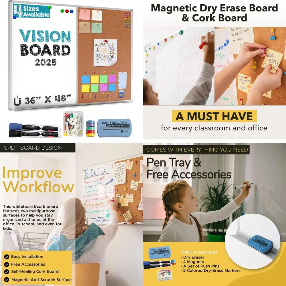 

2025 Vision Board: 36x48 Dual-Function Cork & Whiteboard for Home or Office Memos