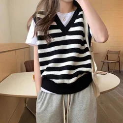 Stripes Cashmere Pullover Vest Women Simple Cashmere Sleeveless Slim Waistcoat Knitwears Top