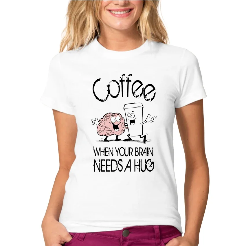 Funny Cartoon Design Coffee Hug Printed T-Shirt Summer Women/Girl Fashion Hipster Cool Short Sleeve Tee Shirt Tops Clothes