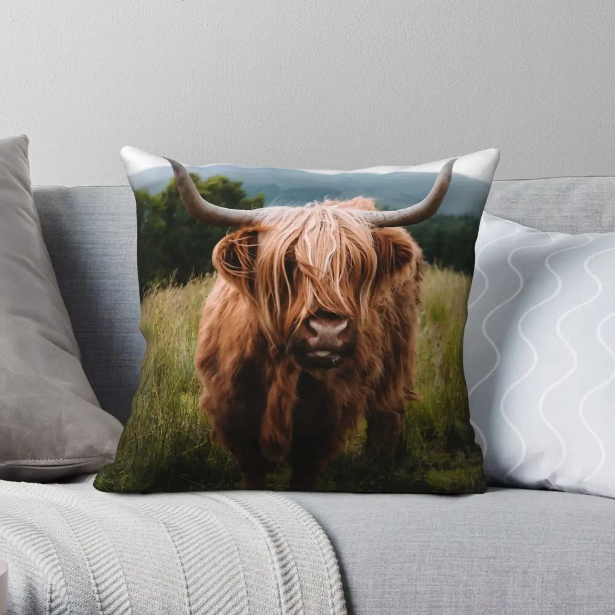 Wooly Cow Scottish Highland Cattle Square Pillowcase Polyester Linen Velvet Printed Zip Pillow Case Sofa Seater Cushion Cover