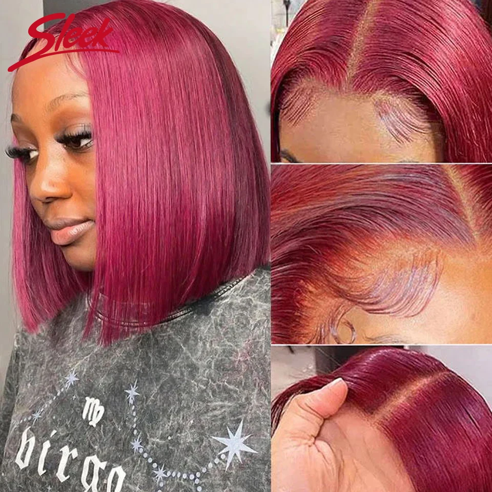 

Burgundy HD Transparent Short Bob Human Hair Wigs 99J Red Peruvian Straight 13x6x2 Lace Front Wig For Women Pre Plucked