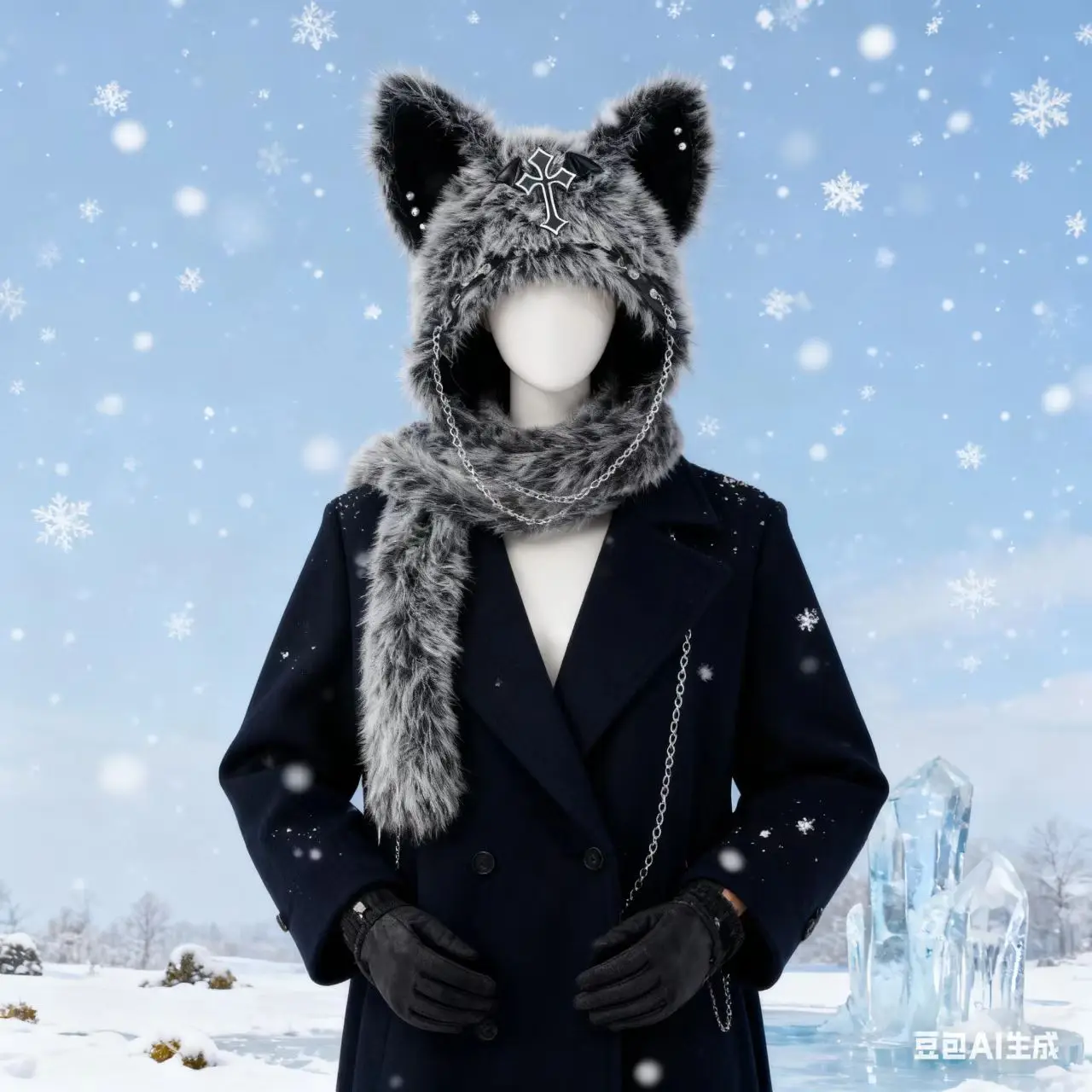 

Новая готическая панк-шапка с кошачьими ушками и украшением в виде цепочки с перекрестными крыльями, плюшевая теплая зимняя шапка для альтернативных девушек, фестиваля рок-музыки Y2K