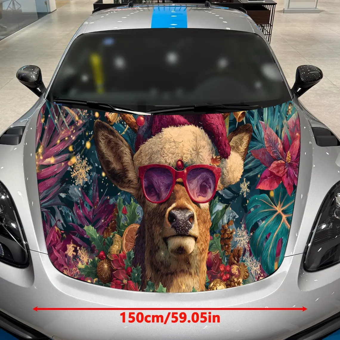Interesting Christmas Deer with Sunglasses Car Hood Decal, Waterproof Self-adhesive Vehicle Vinyl Wraps Sticker, Cool Auto Cover
