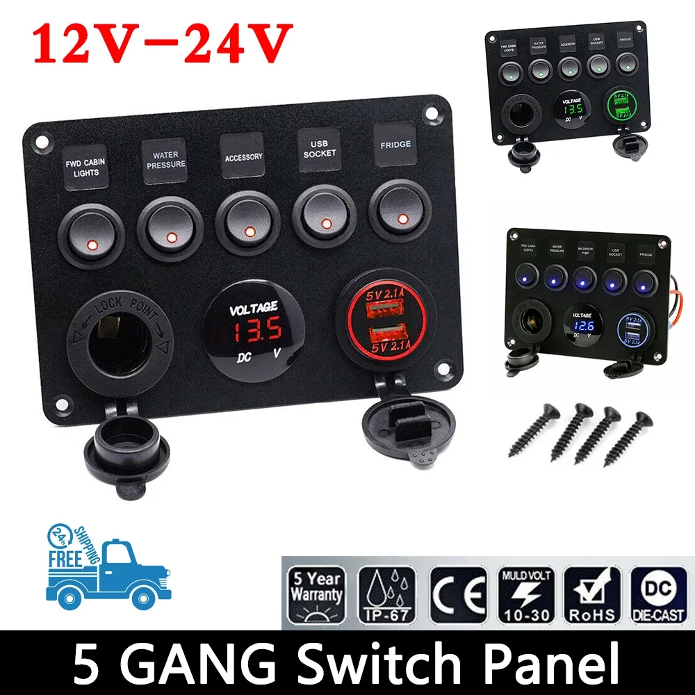 12V/24V 5 Gang Inline Fuse Box LED Switch Panel Dual USB Car Boat Truck Camper Digital Voltage Display Blue/Green/Red LED Light