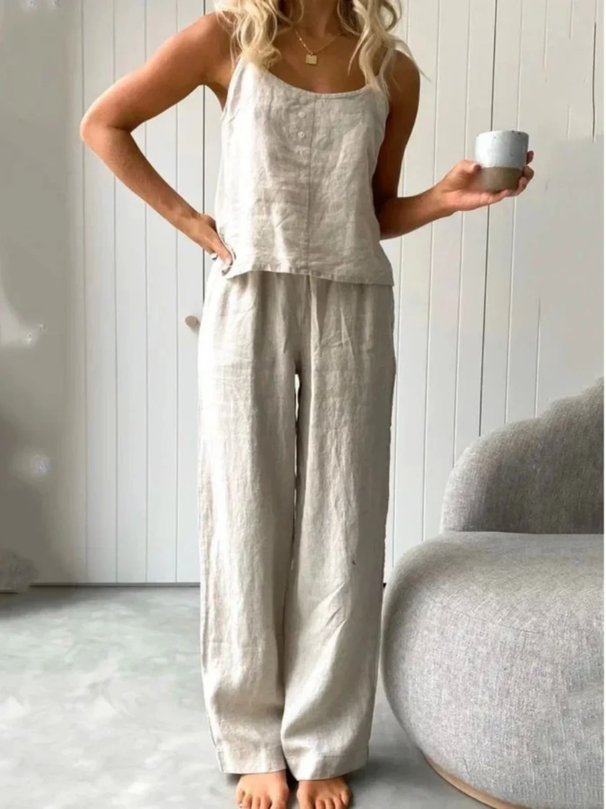 

Loose Long Pants Set Svel Strap Pure Color Casual Sportswear Two-Piece Suit for Women in Their Late Twenties And Thirties