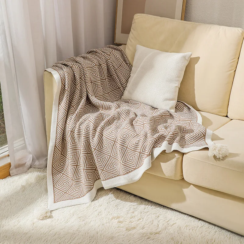 

Bohemian Knitted Geometric Plaid Throw Blanket for Sofa Couch Bed Winter Decor Bedspread Coverlet Tassel Oversized Queen King XL