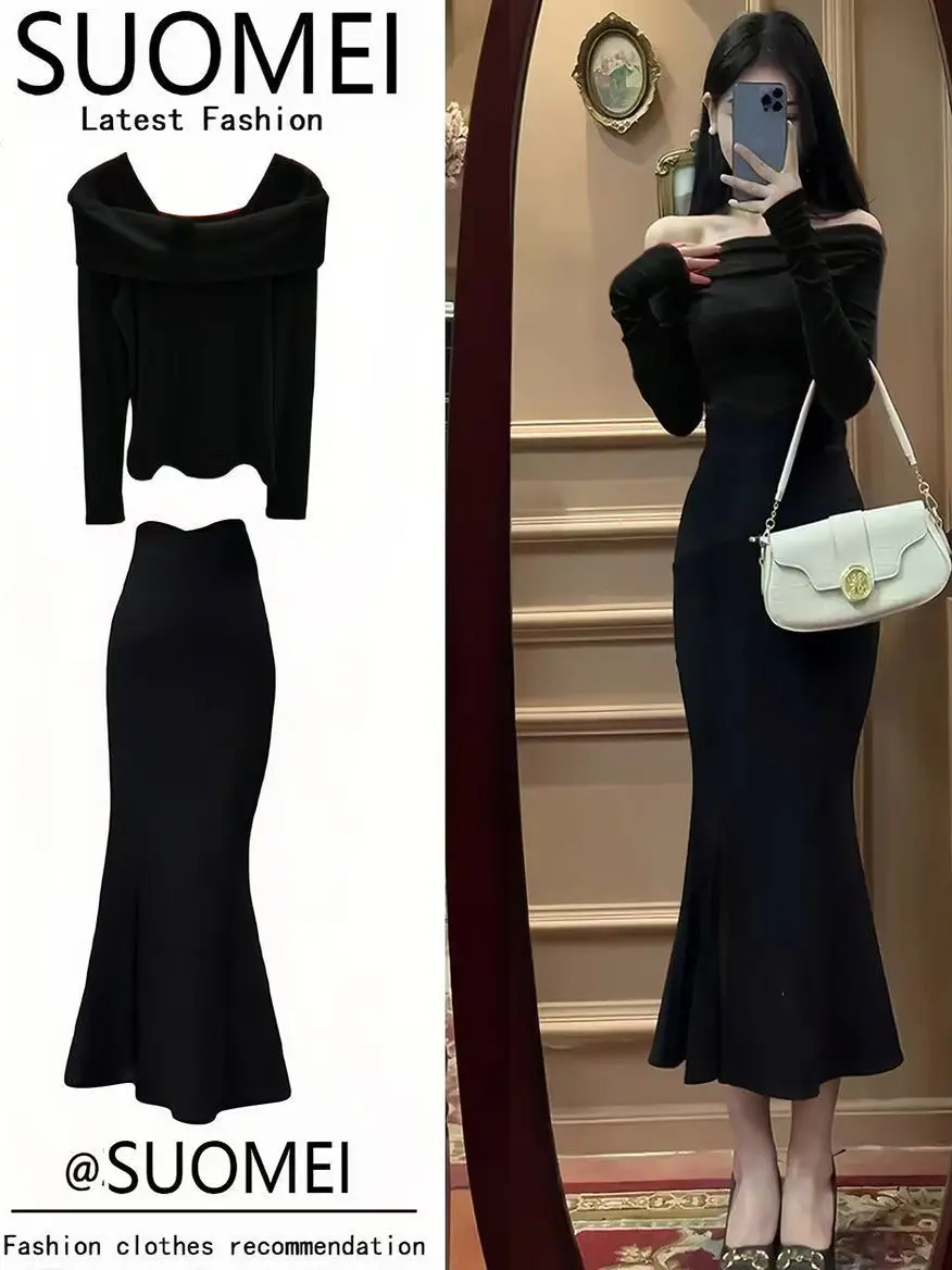 Conjunto de Dos Piezas de Falda Larga y Top de Un Hombro con Cintura Ajustada para Mujer, Estilo Informal para Invierno