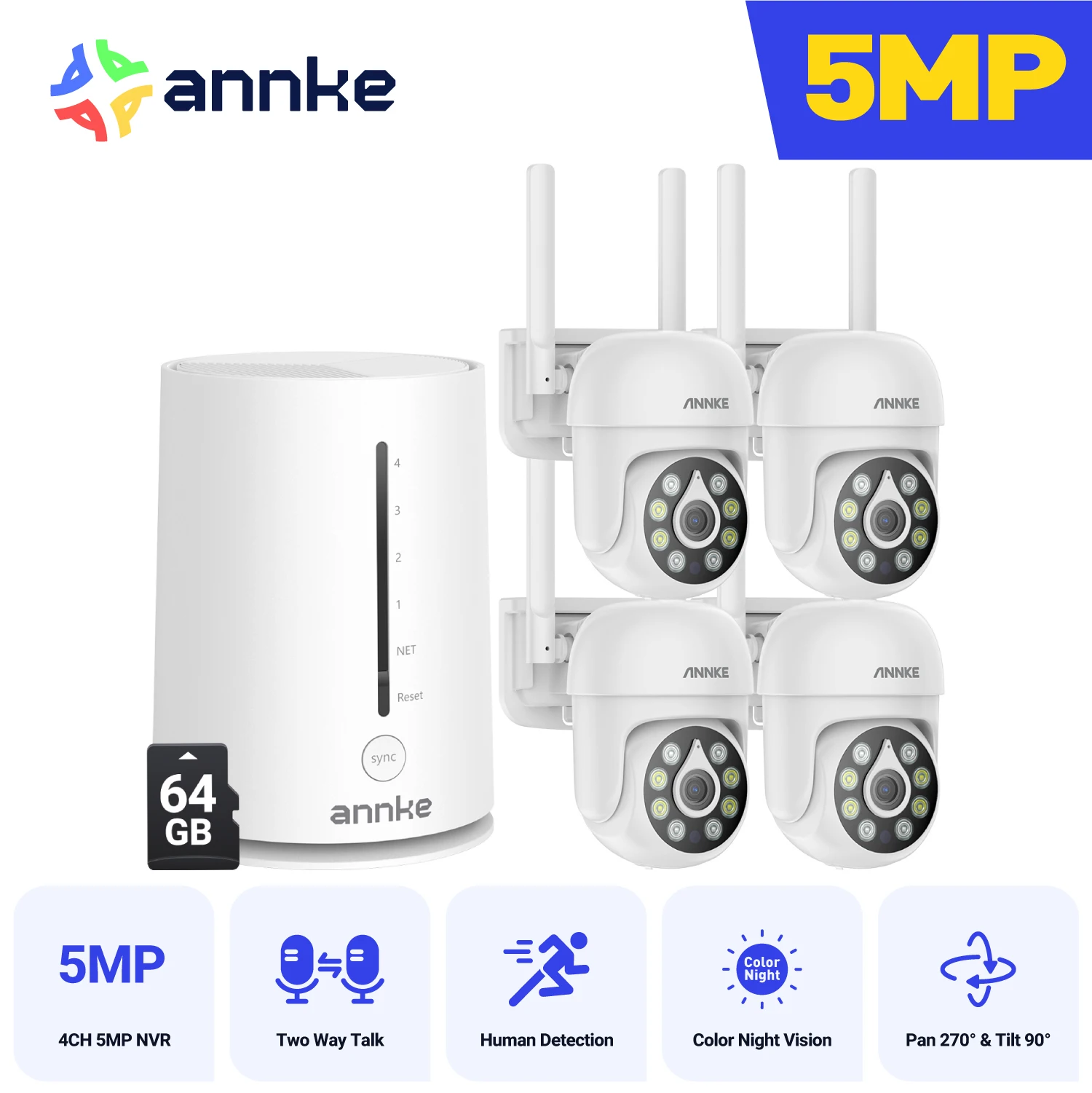 ANNKE 5MP WiFi PT Security Camera System, 1/2/3/4pcs Wireless 5MP IP Cameras with 4CH NVR for Home Security Outdoors, Motion Detection, Two-Way Audio, 100ft Night Vision, Compatible with Alexa