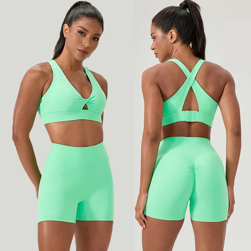 Two Pieces Fitness Yoga Set Women Solid Color Summer Gym Running Suit Breathable Quick Dry Short Sportswear Workout Clothes