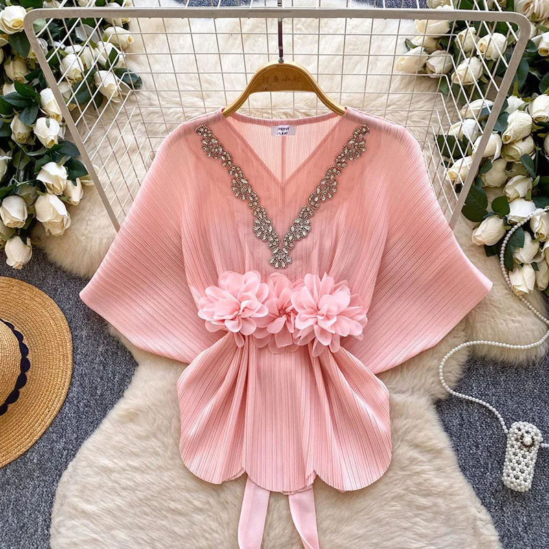 Diamonds 3D Floral Blouse Feminine Batwing Sleeves Lace Up Slim Summer Tops Office Lady Pleated Luxury Elegant Shirt view 6