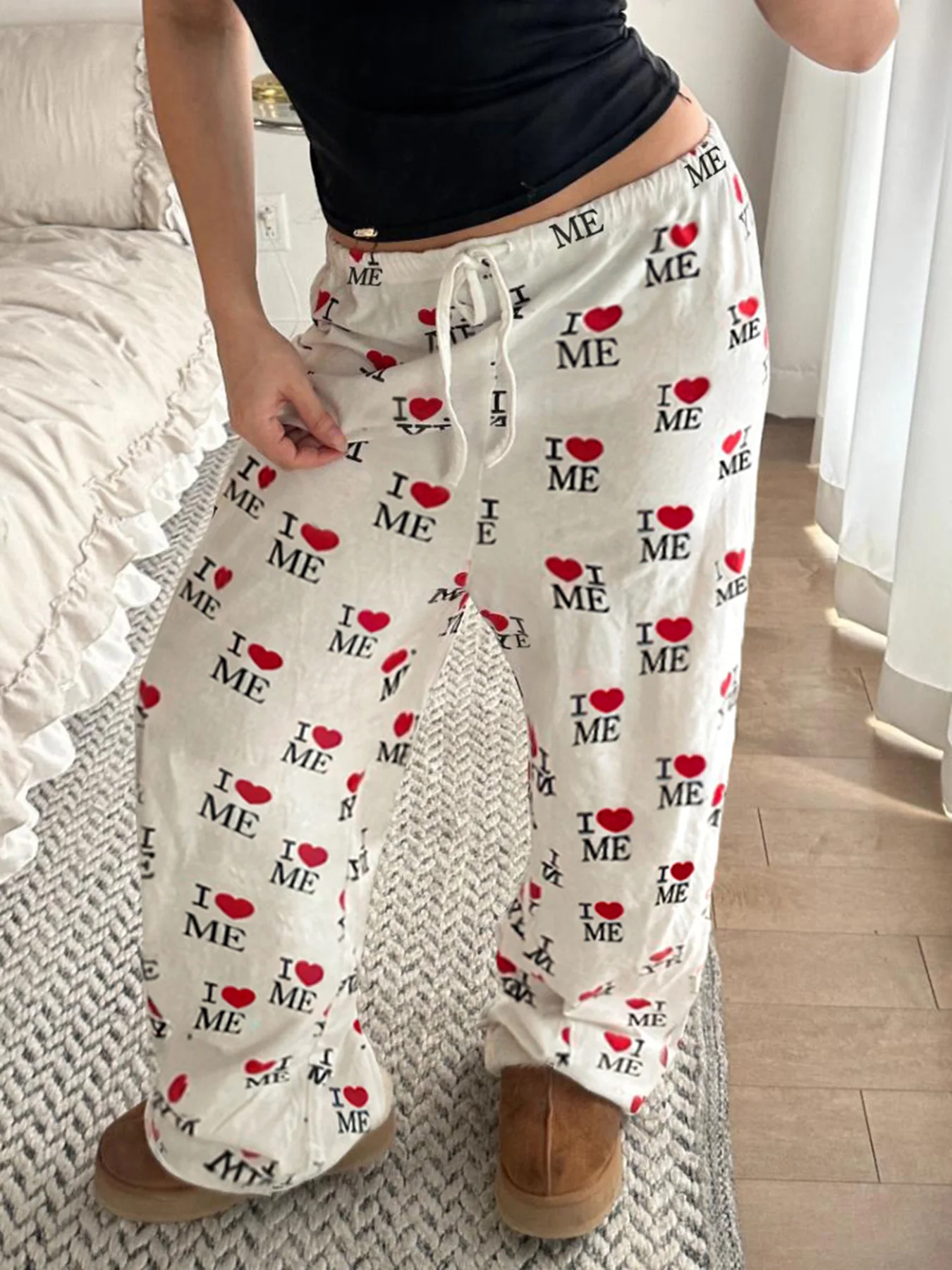 Summer Women Clothing Love Letter Printed Casual Home Outer Wear Loose Comfortable Mid-waist Lace-up Straight Hanging Down Pants