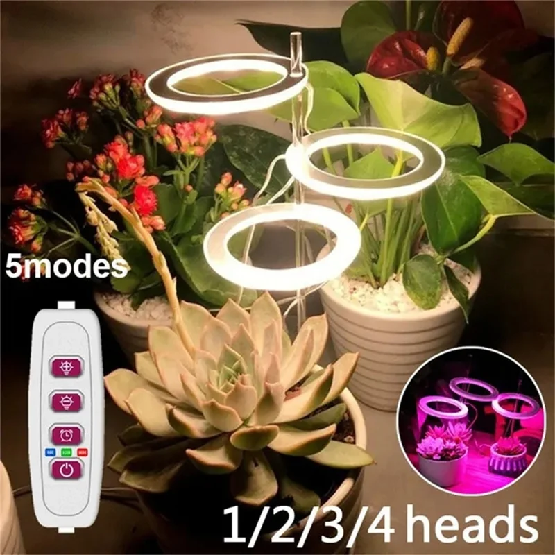 1/2/3/4-head Angel Ring LED Plant Light Automatic Timer Full Spectrum Plant Light 5 modes Home Garden Hydroponic Plant Growth