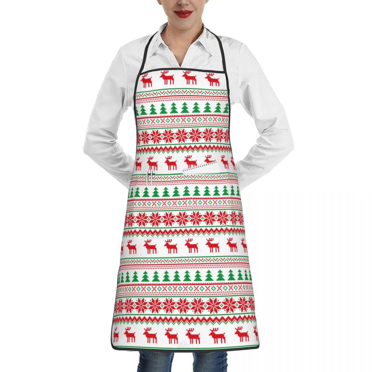 Gifts for Women Chef Apron Christmas Sweaters New Year Xmas Cooking Kitchen Apron Neck Strap with Pocket Waterdrop Resistant