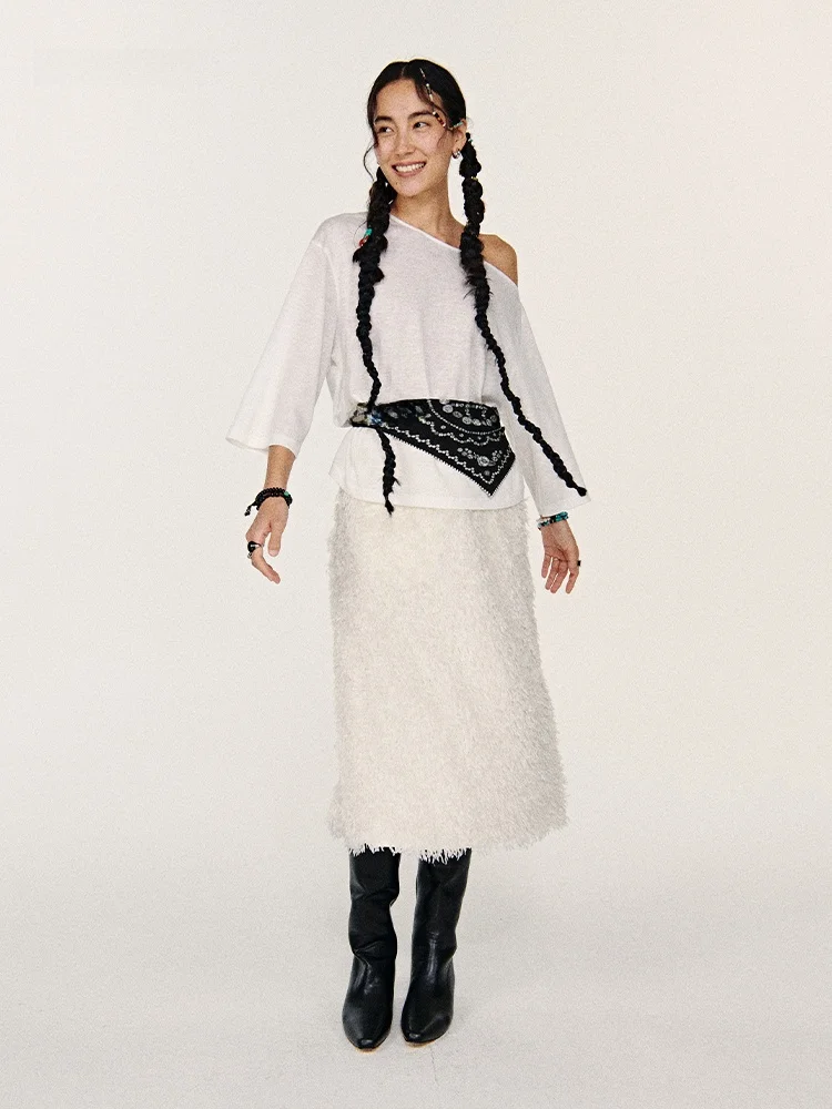 

INFFTRU2025 Autumn New Feather Tassel Mid-Length f Skirt Simple Elegance Design Women's Faion Polyester Fiber Straight S...