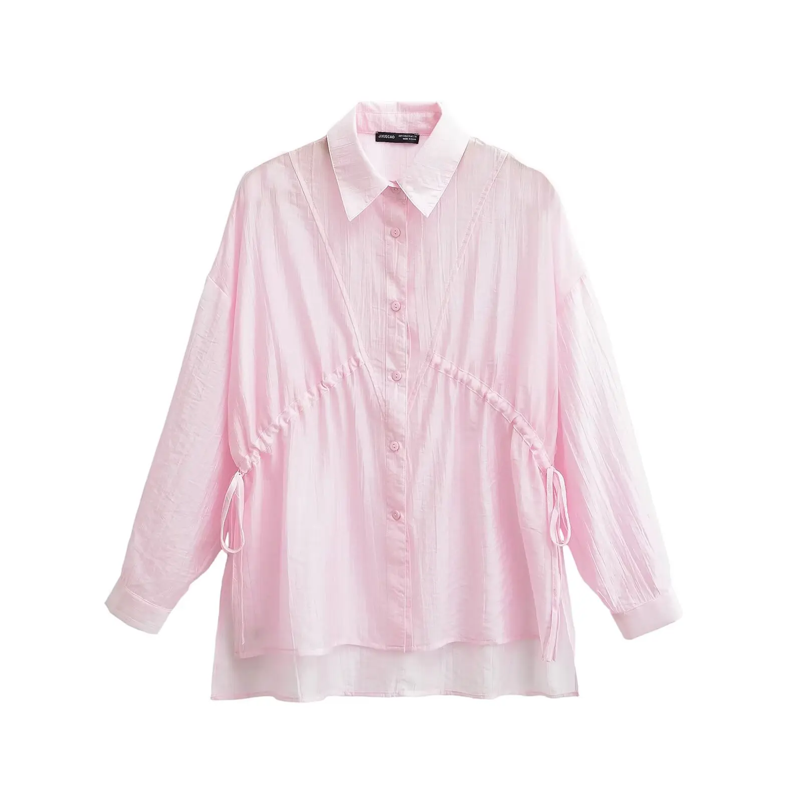 JNLEAOG 春の新作レディースファッションシャツ ベルト付き ルーズフィット ポリエステル繊維 長袖 無地 ターンダウンカラー