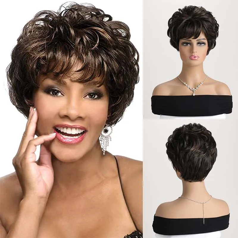 Synthetic Short Pixie Cut Wig 10 Inch Black Brown Fluffy Side Bangs Heat Resistant Fiber Daily Cosplay Costume Party Fashion