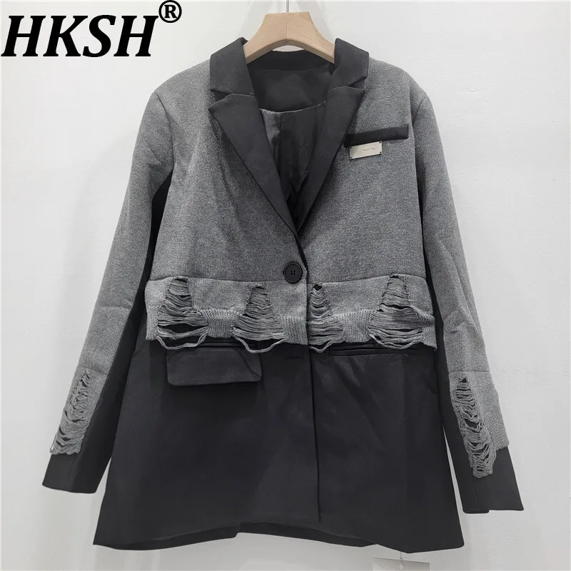 HKSH 2025 Autumn New Women Blazer Notcged Collar Single Button Distressed Knitted Patchwork Color Block Tide Chic Jacket HK13269