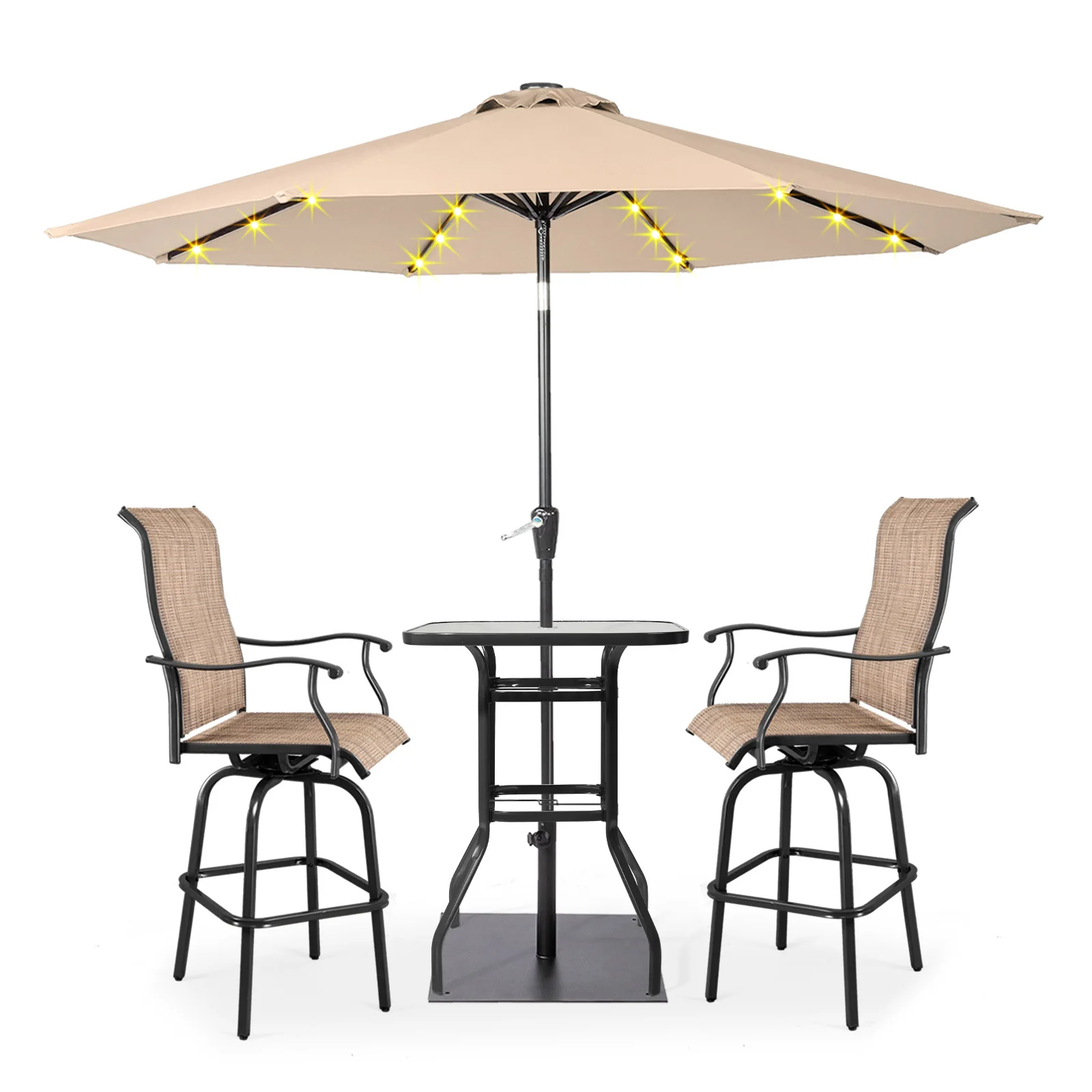 9FT Umbrella Waterproof Folding Sunshade Beige With Light( Not Included Umbrella Base)