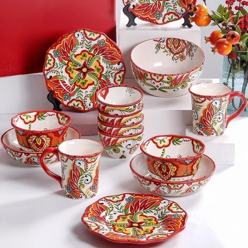 

Creative tableware set, bohemian underglaze ceramics, rice bowl dinner plate ins style, red wedding gift