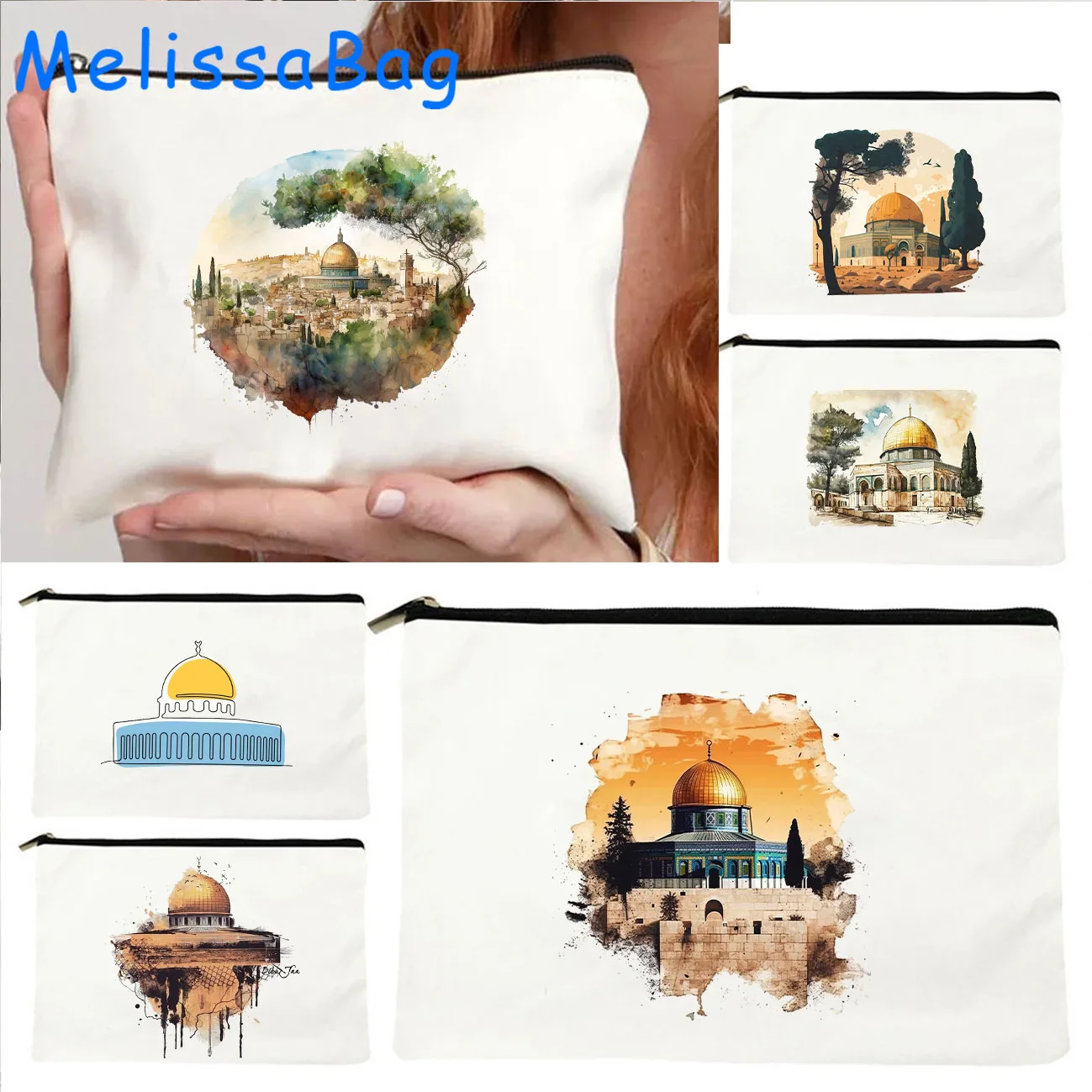 Jerusalem Arabic Gifts Al Aqsa Mosque Heart Dome Rock Building Watercolor Canvas Cosmetic Makeup Bag Pencil Case Zipper Pouch