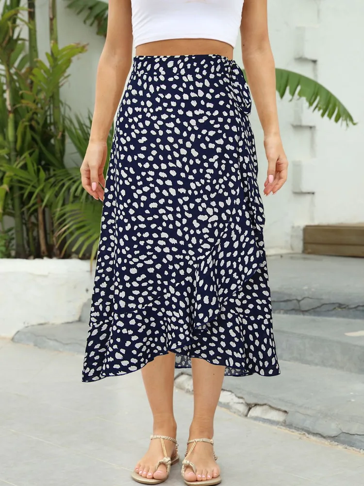 Novo em 2025 feminino verão praia casual floral impressão rendas midi saias longas feminino boho irregular saia de cintura alta